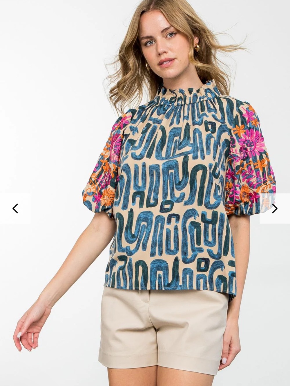 THML Mary Embroidered Puff Sleeve Pattern Top XS